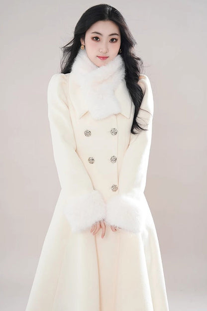 Beige Double-breasted Long Sleeves Removable Fur Collar Sweet Elegant Princess Lolita Coat