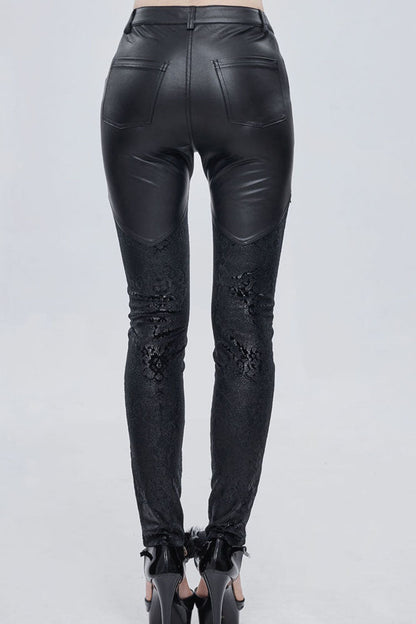 Black Gothic Metal Rose Button Leather Lace Panel Slim Fit Women's Long Pants
