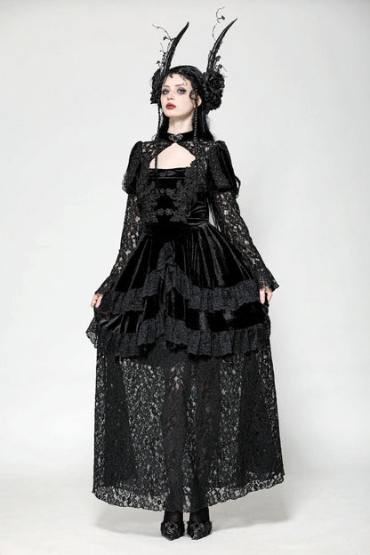 Black Long Puff Sleeves Cut-Out Lace Spliced Velvet Lace-Up Women's Gothic Princess Evening Dress