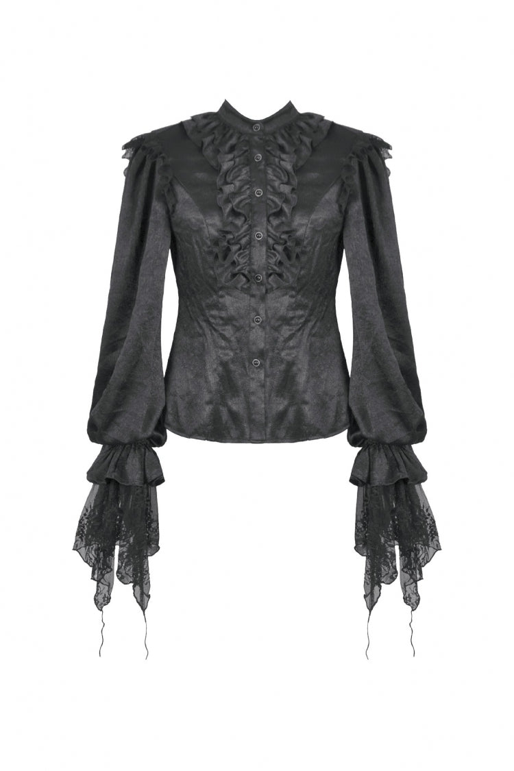 Black Long Lantern Sleeves Ruffled Spliced Lace Women's Gothic Blouse