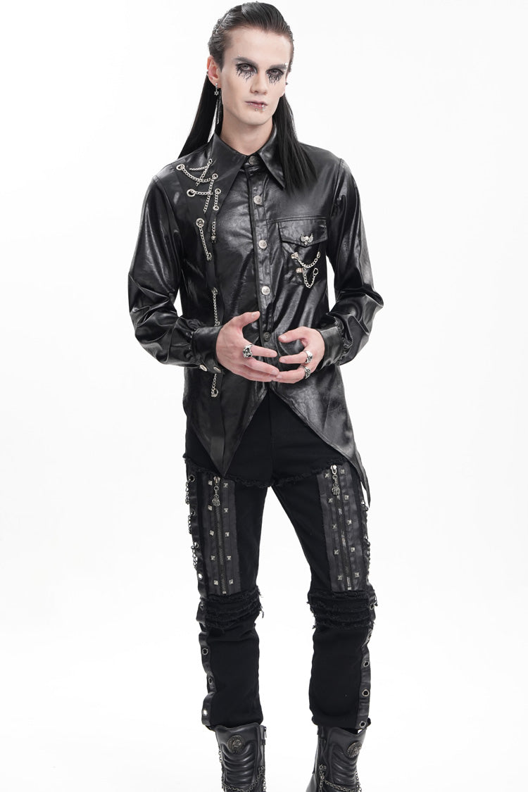 Black Long Sleeves Chain Eyelets Skull Men's Gothic Blouse