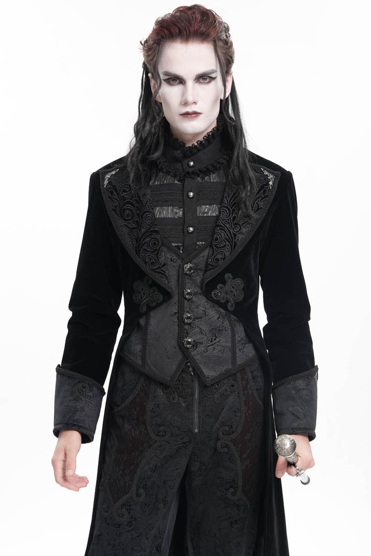 Black Long Sleeves Button Floral Embroidery Men's Gothic Jacket