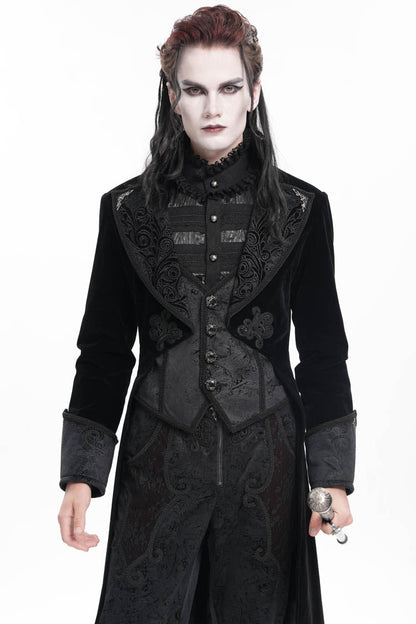 Black Long Sleeves Button Floral Embroidery Men's Gothic Jacket