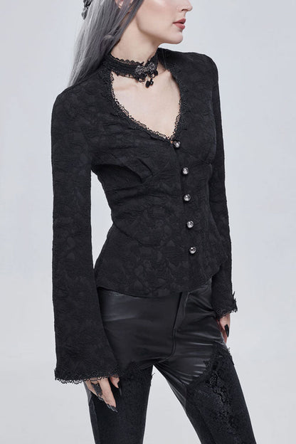 Black Gothic V-Neck Metal Buttons Pendant Lace Jacquard Frenulum Long Sleeves Women's Shirt