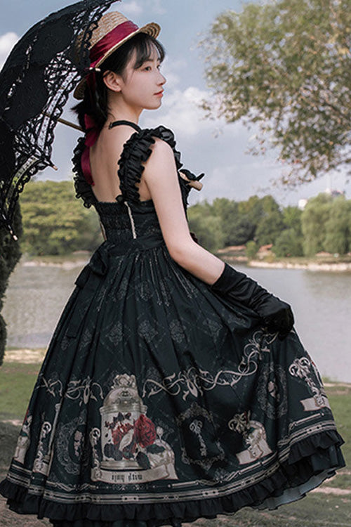 Black Nightingale Rose Print Bowknot Ruffled Strapless Gothic Lolita JSK Dress