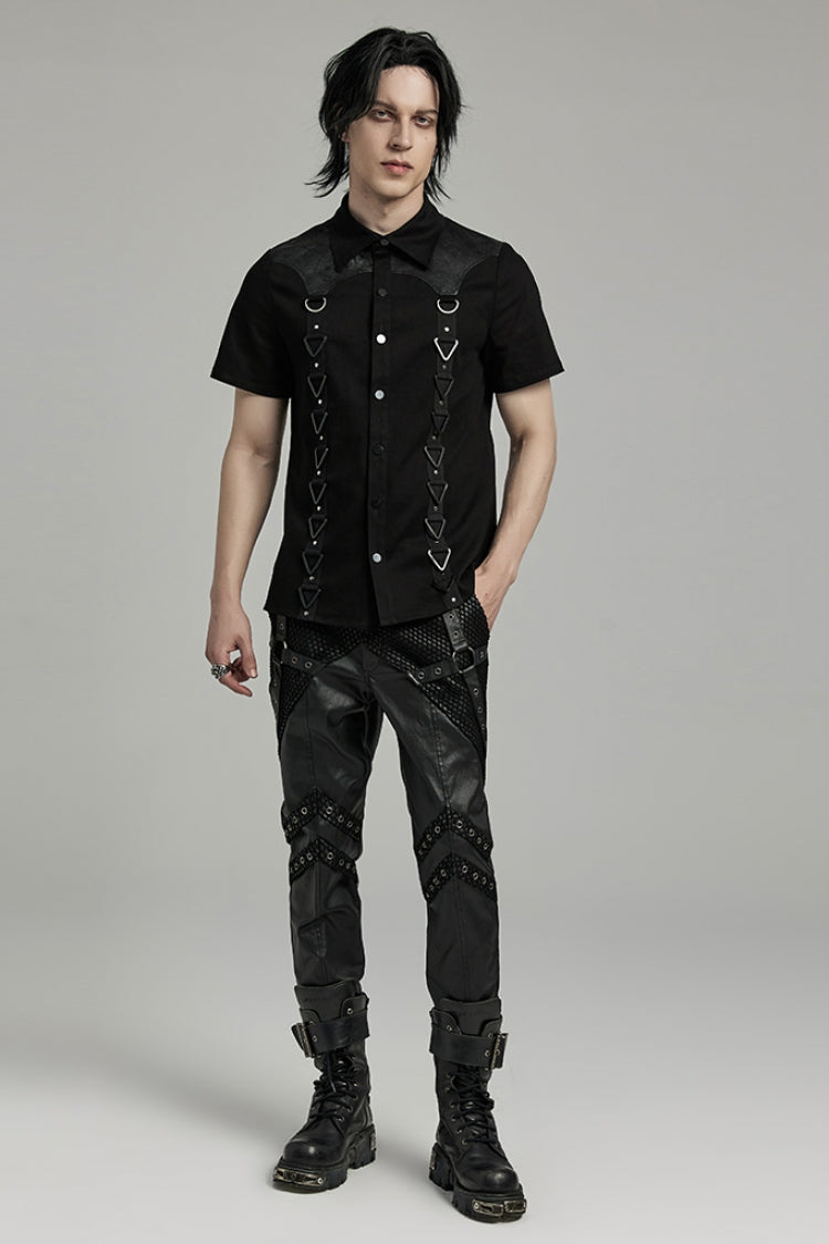 Black Lapel Collar Short Sleeves Stitching Men's Punk Blouse