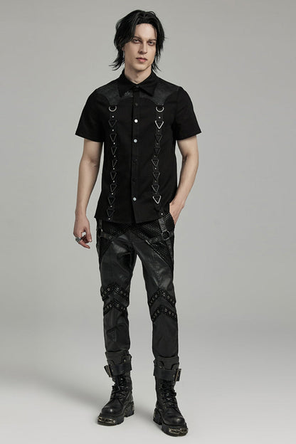 Black Lapel Collar Short Sleeves Stitching Men's Punk Blouse