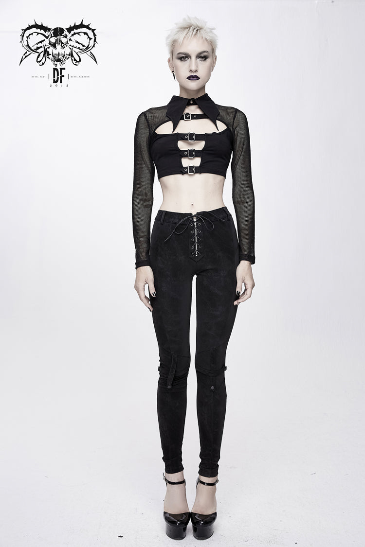 Black Bat Collar Splice Mesh Long Sleeve Chest Hasp Short Women's Punk T-Shirt