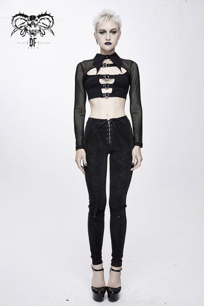 Black Bat Collar Splice Mesh Long Sleeve Chest Hasp Short Women's Punk T-Shirt