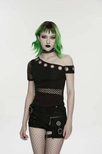 Black Off Shoulder Short Sleeves Slim Mesh Asymmetric Eyelet Women's Punk Cool Blouse