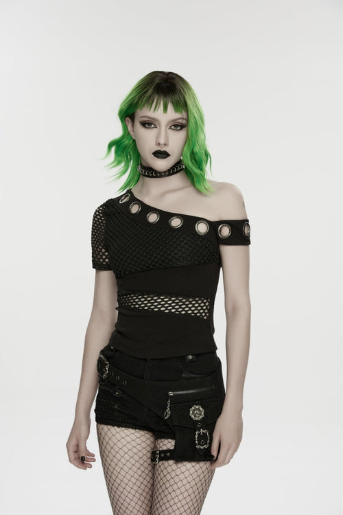 Black Off Shoulder Short Sleeves Slim Mesh Asymmetric Eyelet Women's Punk Cool Blouse