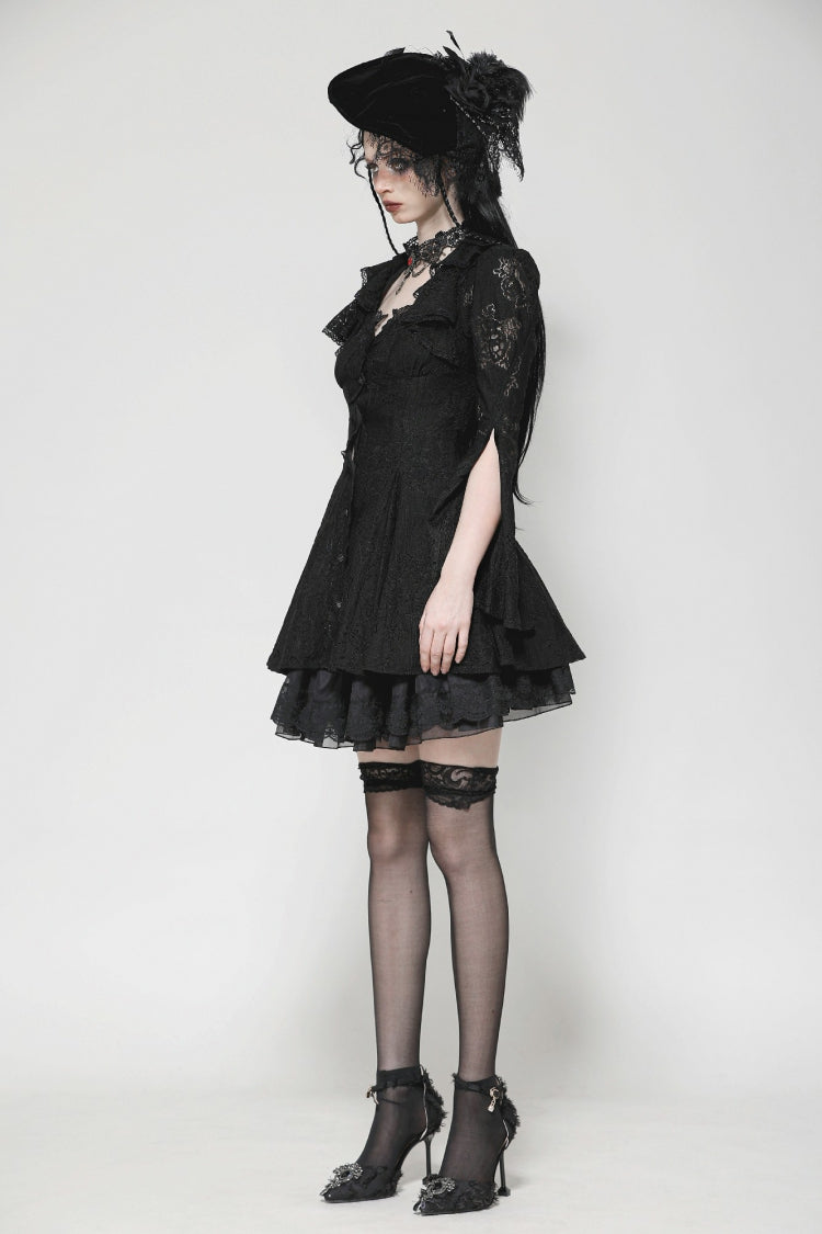 Black Long Trumpet Sleeves Embroidered Lace Lace-Up Women's Gothic Honeymoon Dress