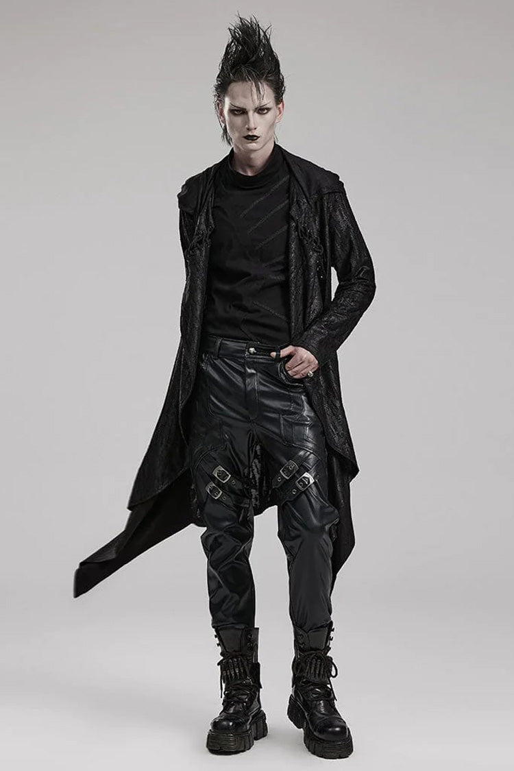 Black Long Sleeves Loose type Pleated Mens Steampunk Hooded Long Coat