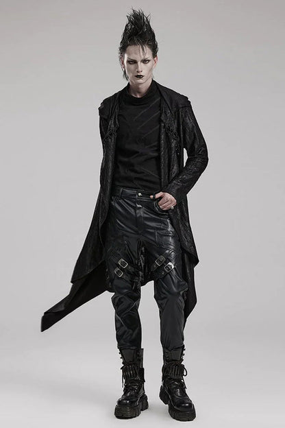 Black Long Sleeves Loose type Pleated Mens Steampunk Hooded Long Coat