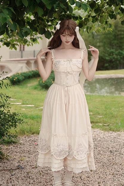 Apricot [Fantasy Butterfly] Triple-Layered Ruffle Embroidery Bowknot Lace Sweet Princess Lolita Jsk Dress