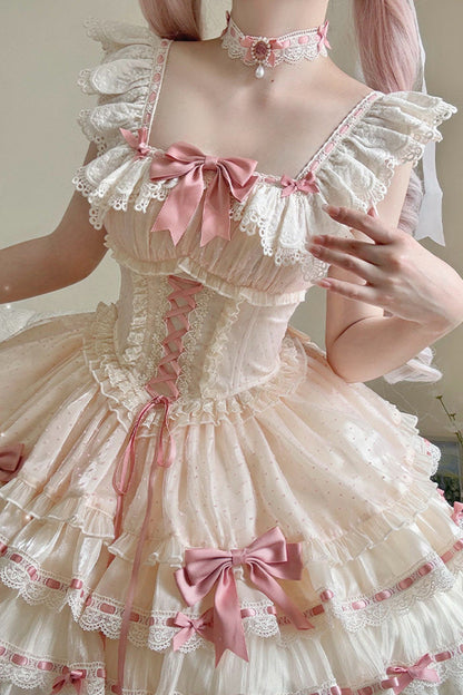 Apricot [Flory Butterfly] Double-Layered Ruffle Bowknot Lace Lace-Up Sweet Ballet Lolita Jsk Dress
