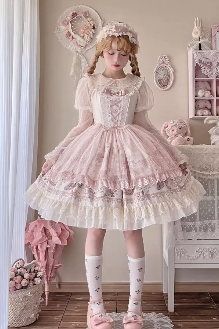 Apricot Sleeveless Rose Prologue Print Ruffle Bowknot Sweet Elegant Princess Lolita Jsk Dress