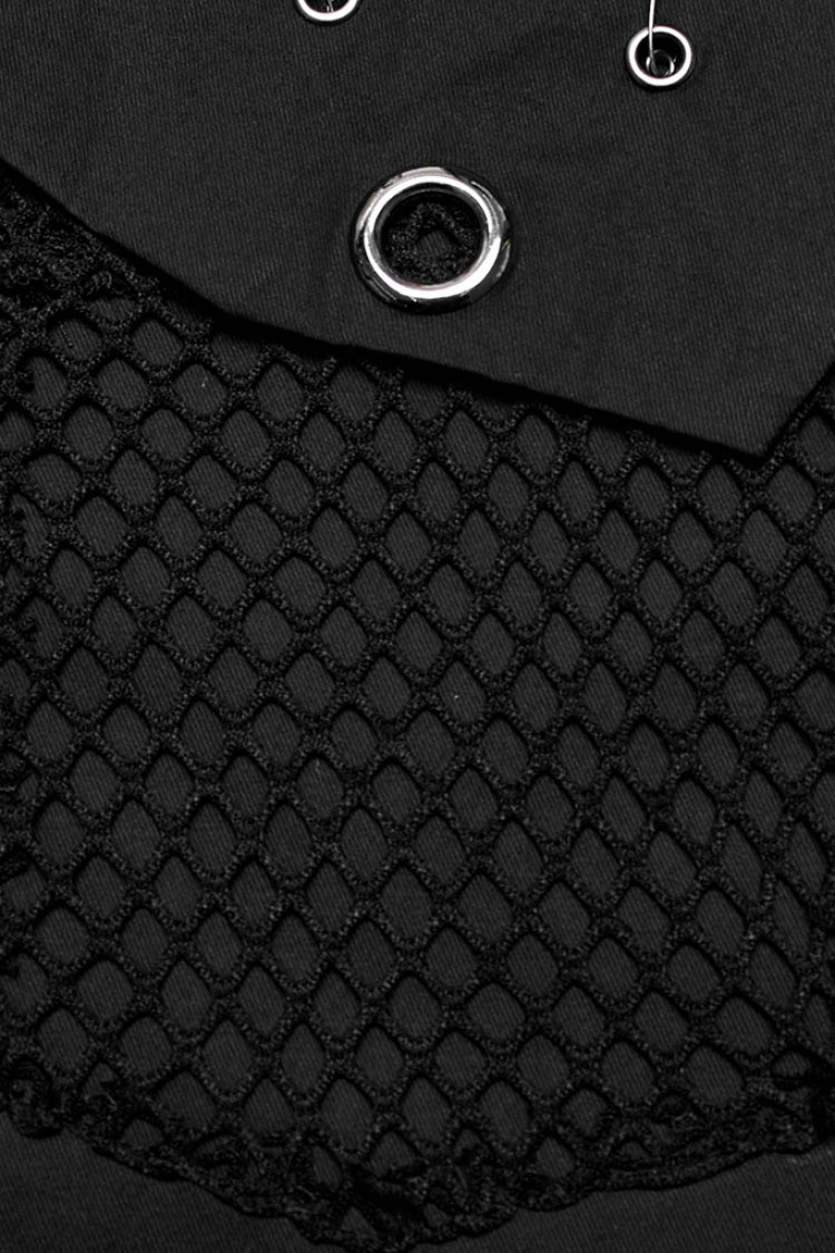 Black Lapel Collar Short Sleeves Mesh Stitching Men's Punk Blouse