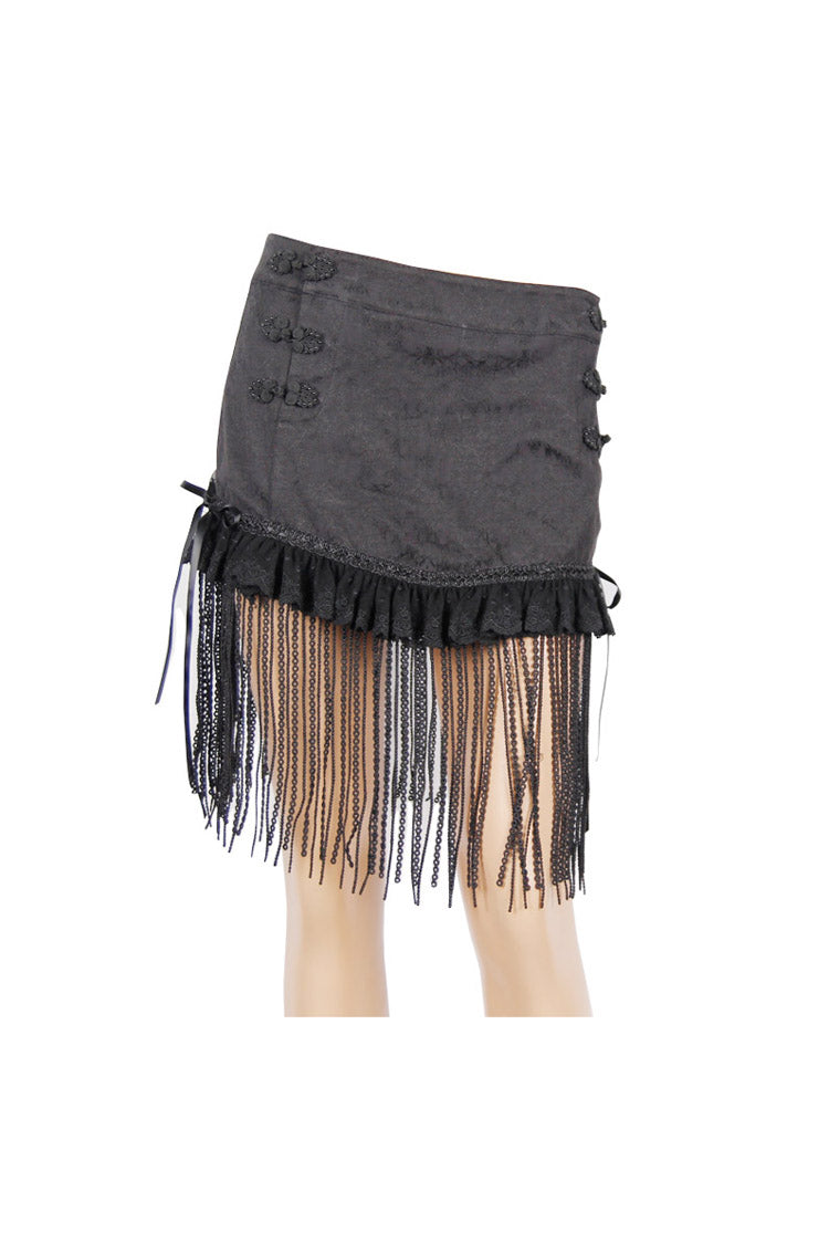 Black Jacquard Lace Tassel Hem Back Waist Lace Up Short Women's Gothic Skirt