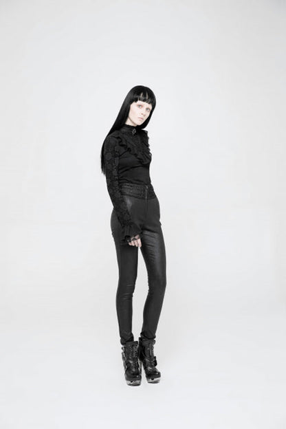 Black High Waist Flower Weaves The Ribbon Decoration Lace Up Gothic Jacquard Women's Pants