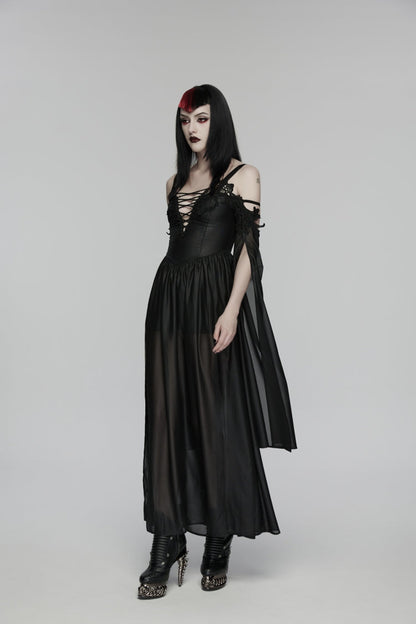 Black Off Shoulder Long Sleeves Embroidered Lace-Up Women's Gothic Elegant Dress Wedding Dress