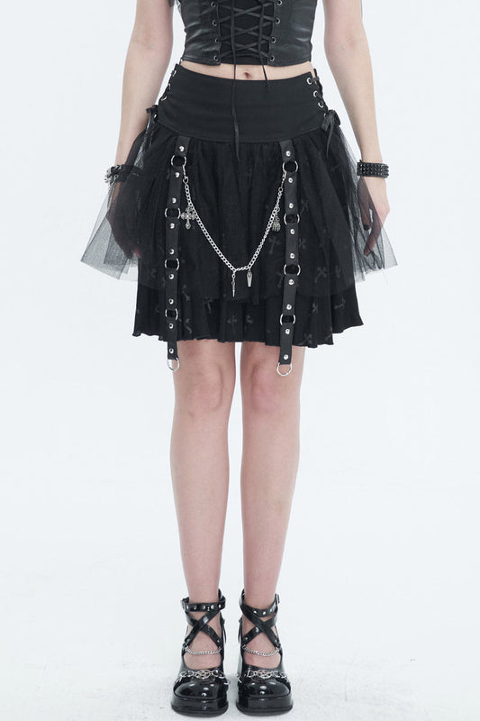 Black Cross Print Side Waist Straps Detachable Metal Chain Women's Punk Skirt