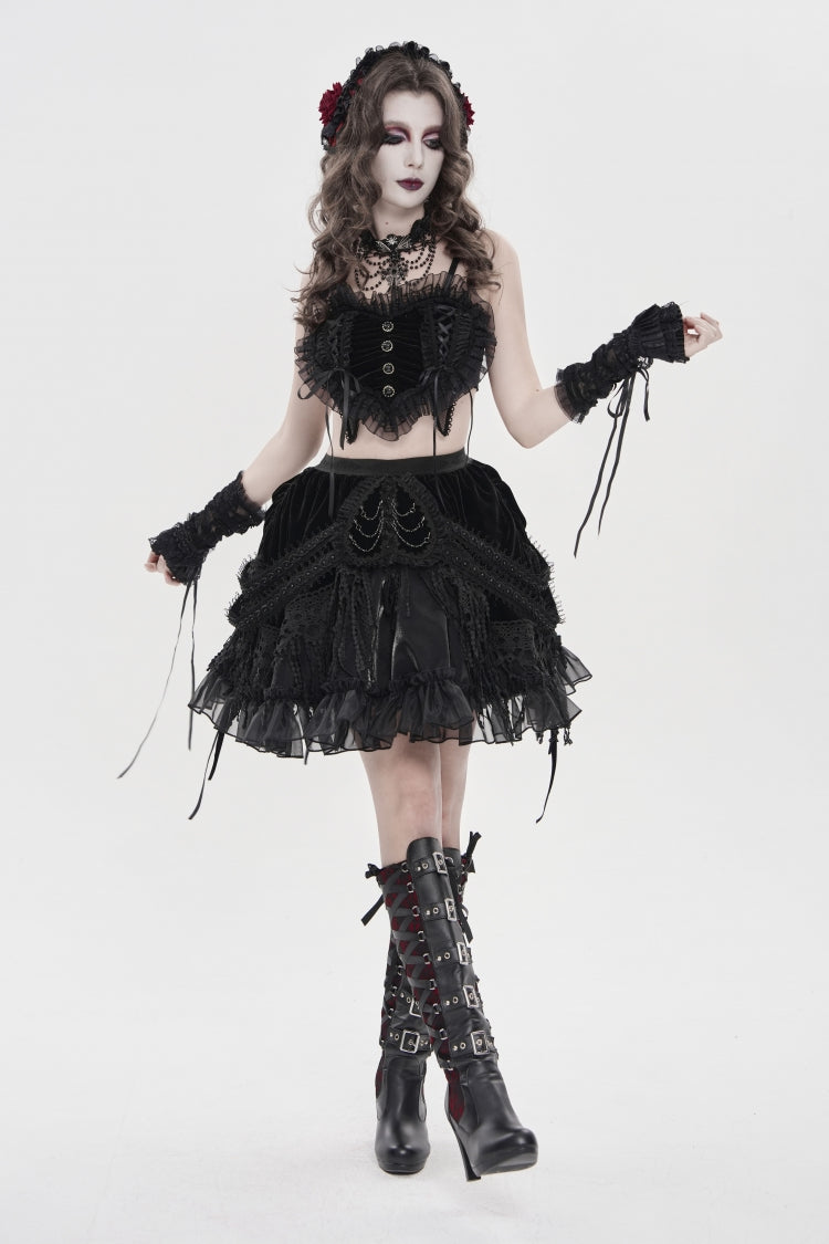 Black Off Shoulder Bow Lace Lace-Up Women's Gothic Ruffled Corset