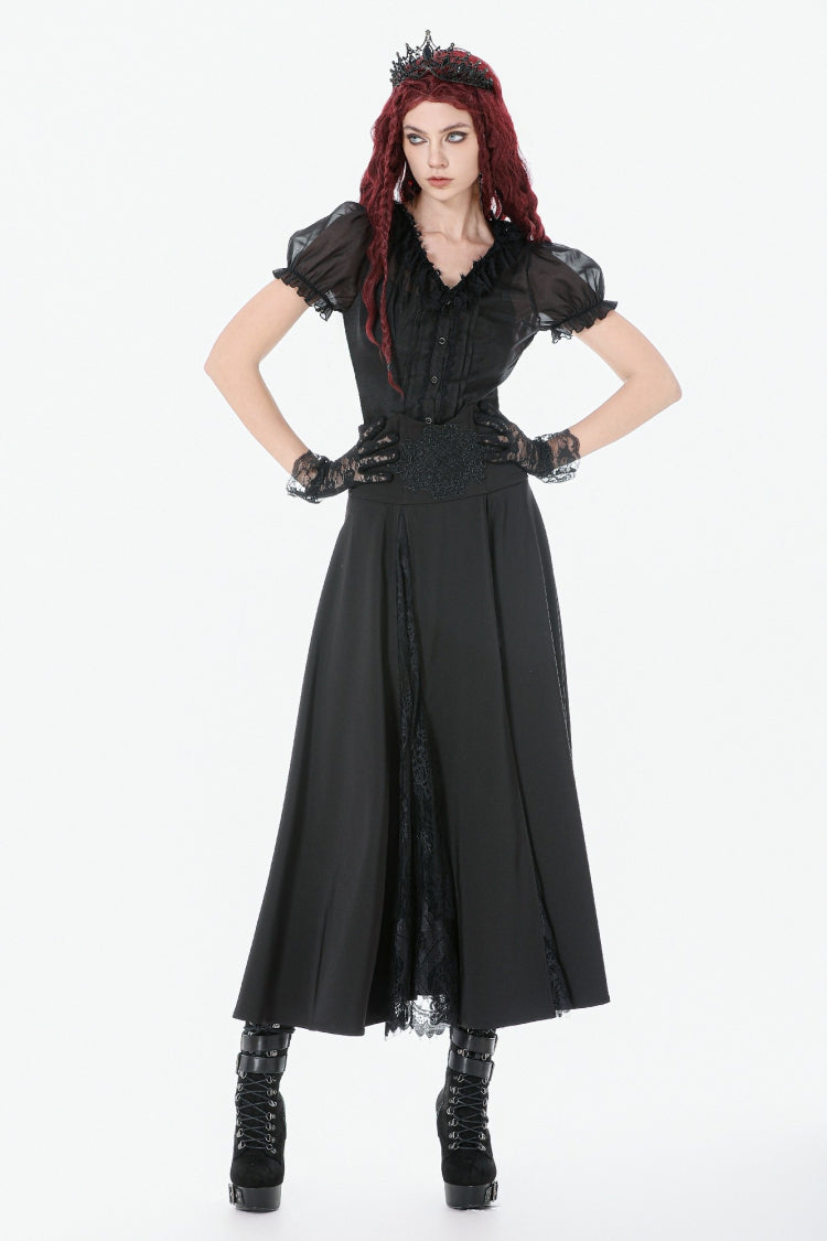 Black High Waisted Floral Printed Lace Mesh Women's Gothic Elegant Long Skirt