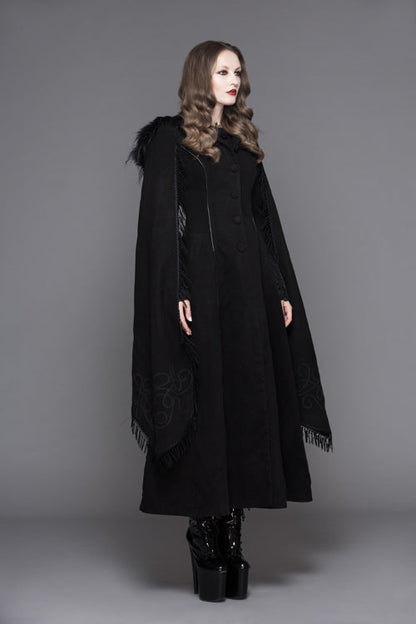 Black Hand Embroidered Shawl Double Sided Tweed Womens Gothic Coat