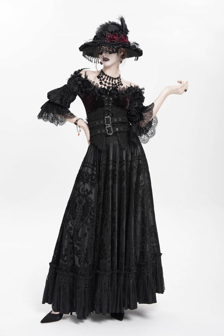 Black Jacquard Embroidery Buckle Tassels Women's Gothic Long Skirt