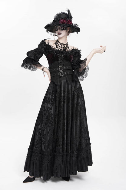 Black Jacquard Embroidery Buckle Tassels Women's Gothic Long Skirt