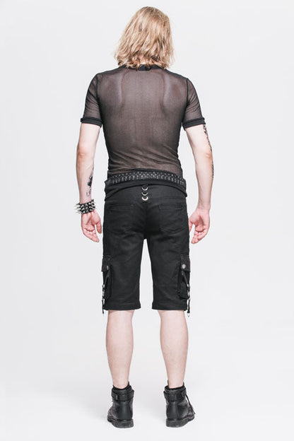 Black Diamond Shaped Mesh Round Neck Short Sleeves Punk Mens Tops T-Shirt