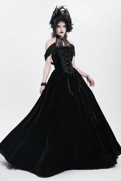Black Off Shoulder Embroidery Lace Lace-Up Women's Gothic Gown Dress