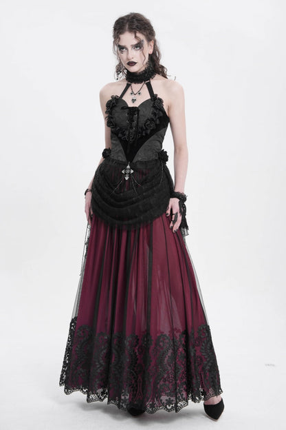 Black Halterneck Sleeveless Embroidery Stitching Rose Heart Lace Women's Gothic Blouse