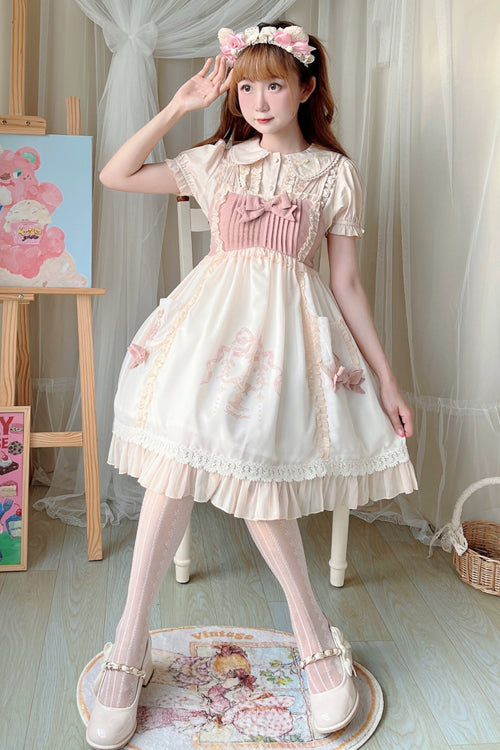 Beige Ruffled Bow Cute Bear Print High Waisted Sweet Lolita JSK Dress