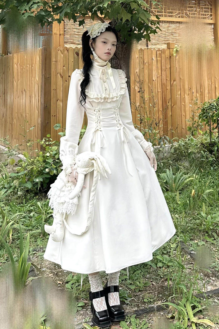 Apricot Stand Collar Long Sleeves Ruffled Lace-Up Gothic Lolita Dress