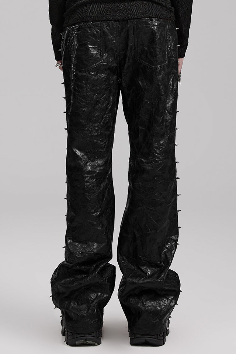 Black Metal Nails Decoration Simple Pleated PU Men's Steampunk Leather Pants