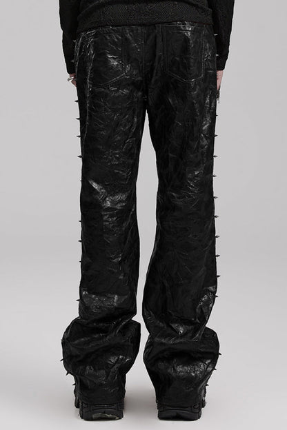 Black Metal Nails Decoration Simple Pleated PU Men's Steampunk Leather Pants