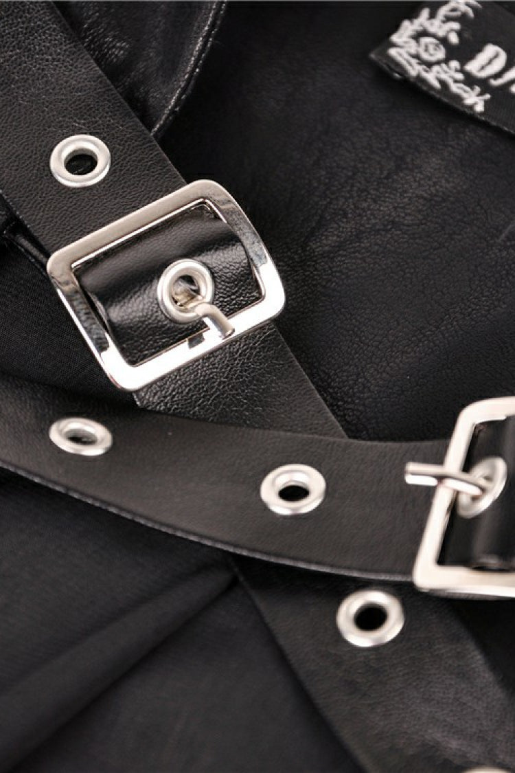 Black Chiffon Sleeveless Cut-Out Chest Irregular Hem Lace-Up Buckled Women's Punk Jacket