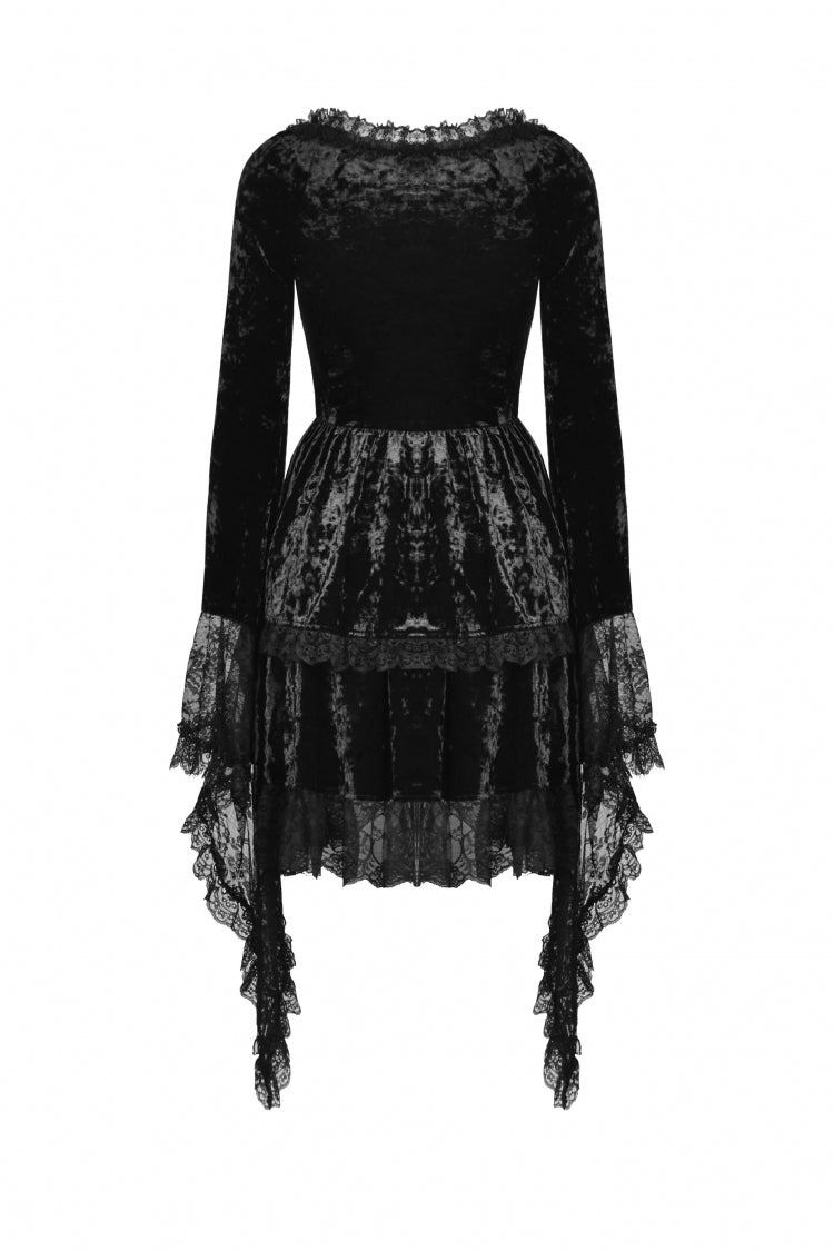 Black Irregular Long Trumpet Sleeves Lace Spliced Women's Gothic Velvet Graduation Dress