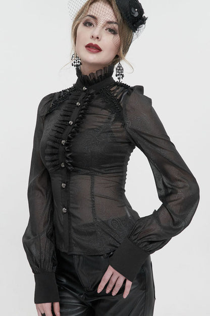 Black Long Sleeve Ruffles On Chest Shoulder Back Tie Detail See-Through Pattern Material Stand Collar Women's Gothic Shirt