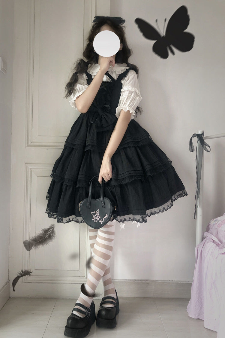 Black First Love Triple-Layered Ruffle Bowknot Lace Gothic Lolita Jsk Dress
