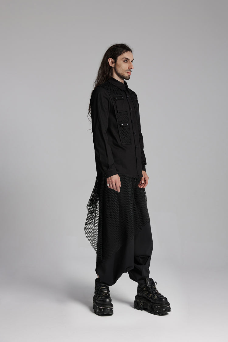 Black Lapel Collar Long Sleeves Zip Mesh Pocket Men's Punk Blouse