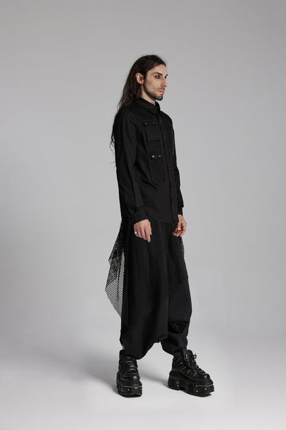 Black Lapel Collar Long Sleeves Zip Mesh Pocket Men's Punk Blouse