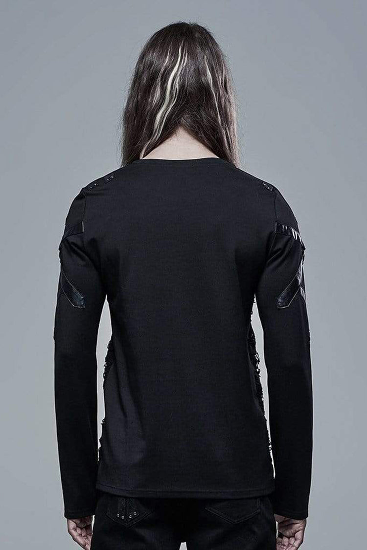Black Long Sleeve Leather Strap Decoration Broken Holes Knit Men's Punk T-Shirt
