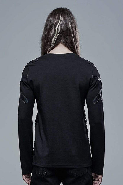Black Long Sleeve Leather Strap Decoration Broken Holes Knit Men's Punk T-Shirt