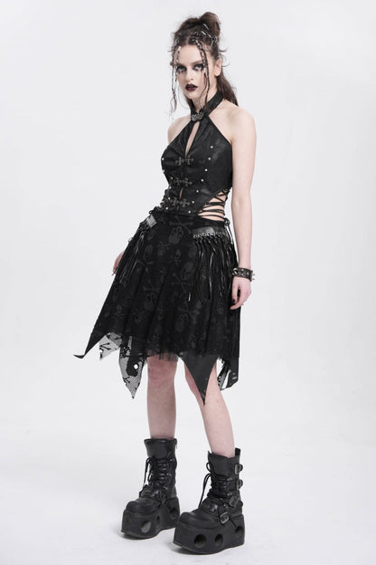 Black Halterneck Sleeveless Skull Print Irregular Women's Punk Dress