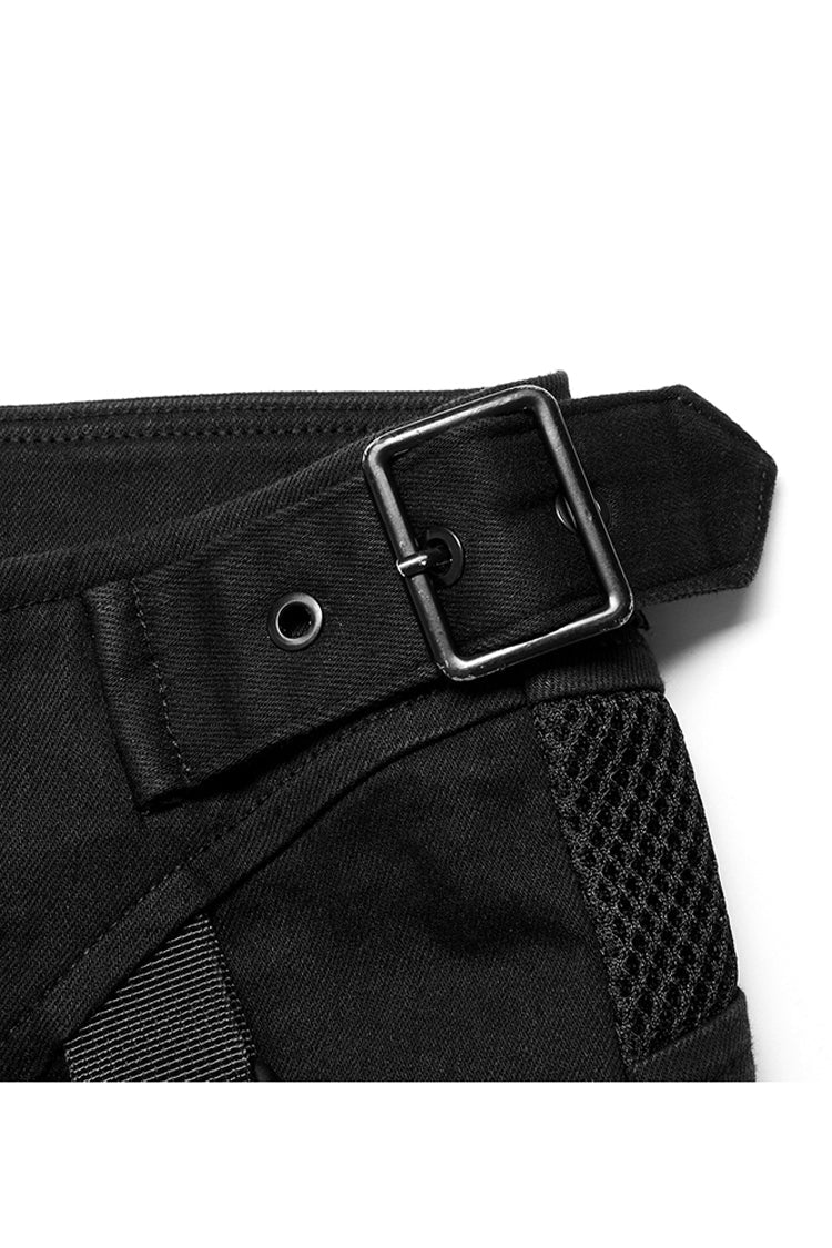 Black Functional Tooling Style Pocket Belt Trim V-Shaped Split Zipper Women's Punk Trousers