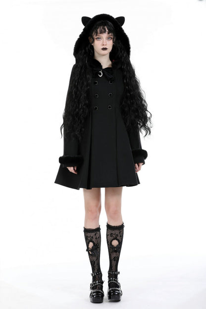 Black Long Sleeves Crescent Moon Bow Spliced Double-breasted Women's Gothic Coat with Cat Ear Hood
