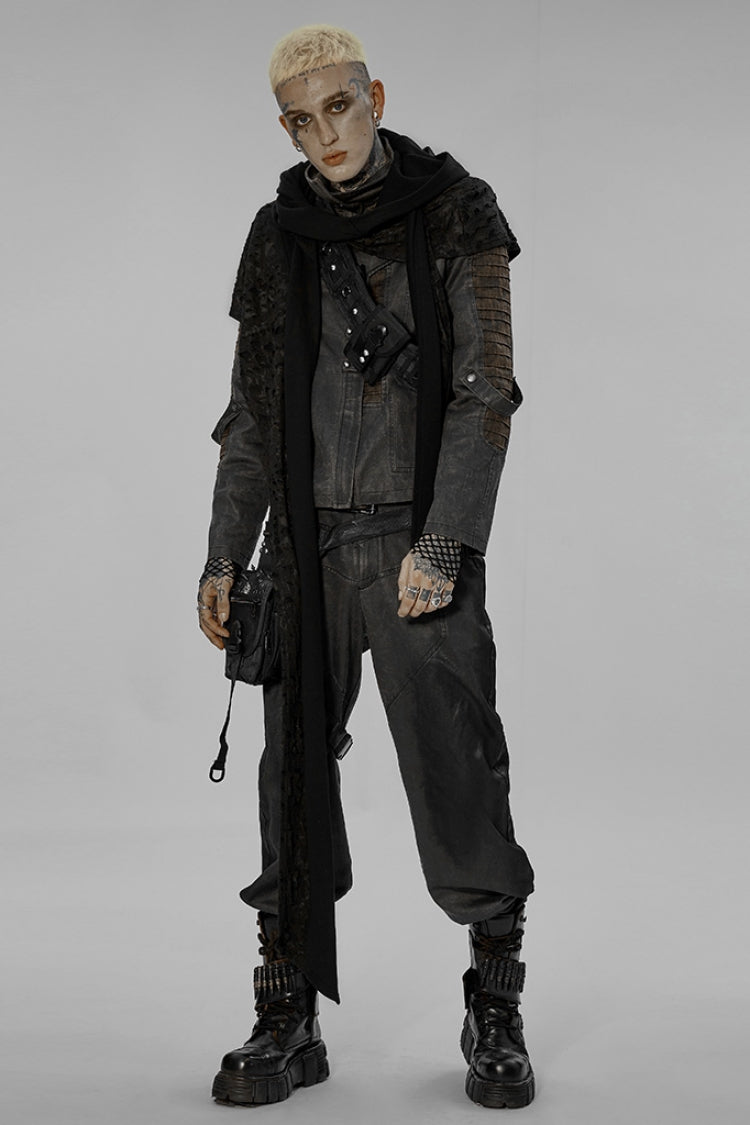 Black Irregular Hooded Ripped Men's Gothic Scarf
